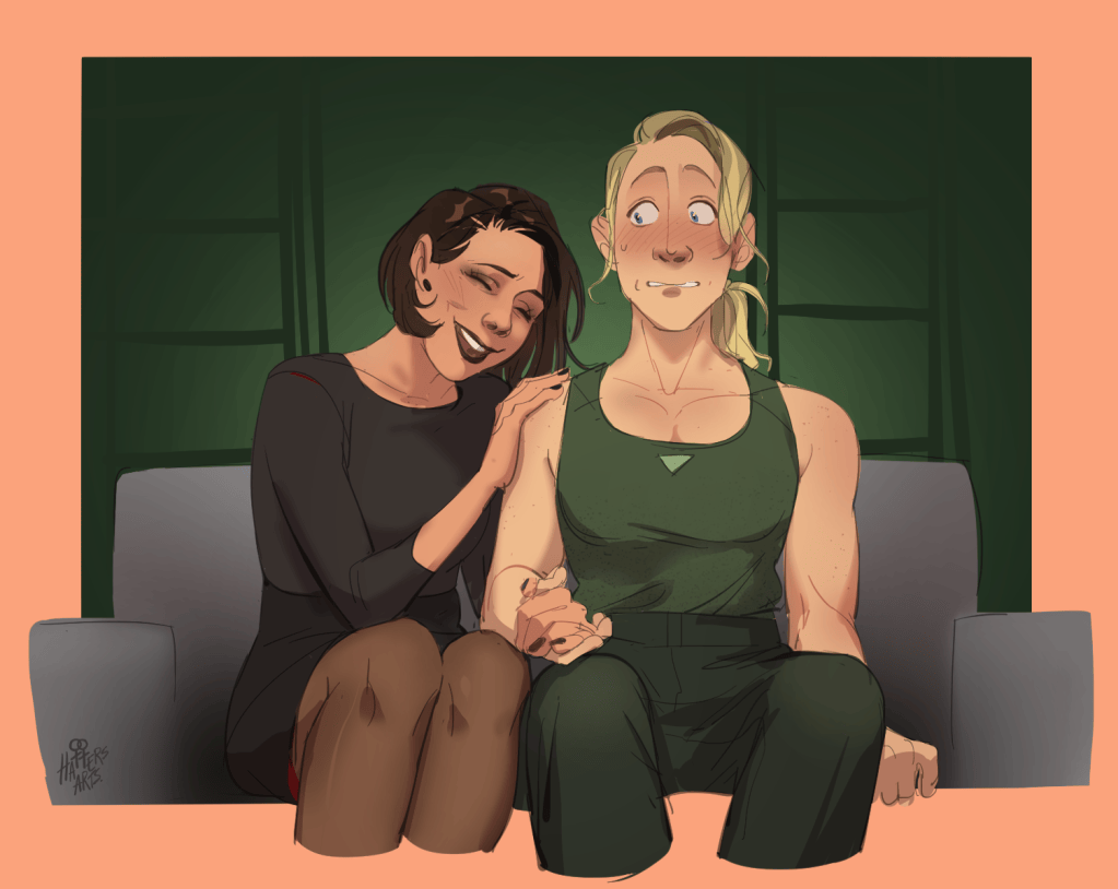 Art of two women: Sal and Allegra sitting on the couch in Sal's apartment, during the mock interview to practice pretending to be in a relationship. Sal is all over Allegra and looks comfortable. Allegra is very flustered. 
Art by Hattersarts